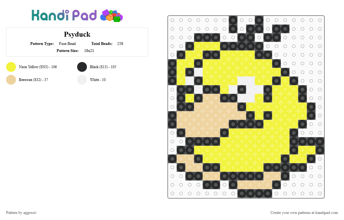 Psyduck - Fuse Bead Pattern by aggresiv on Kandi Pad - yellow
