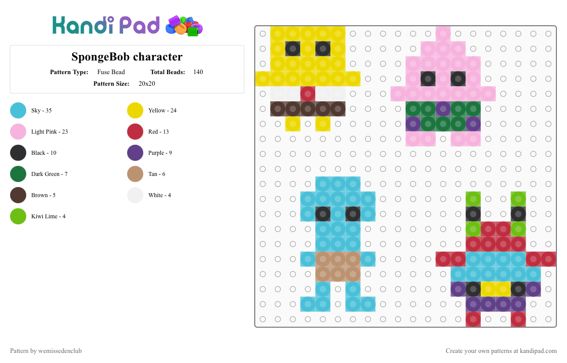 SpongeBob character - Fuse Bead Pattern by wemissedenclub on Kandi Pad - yellow,pink,light blue