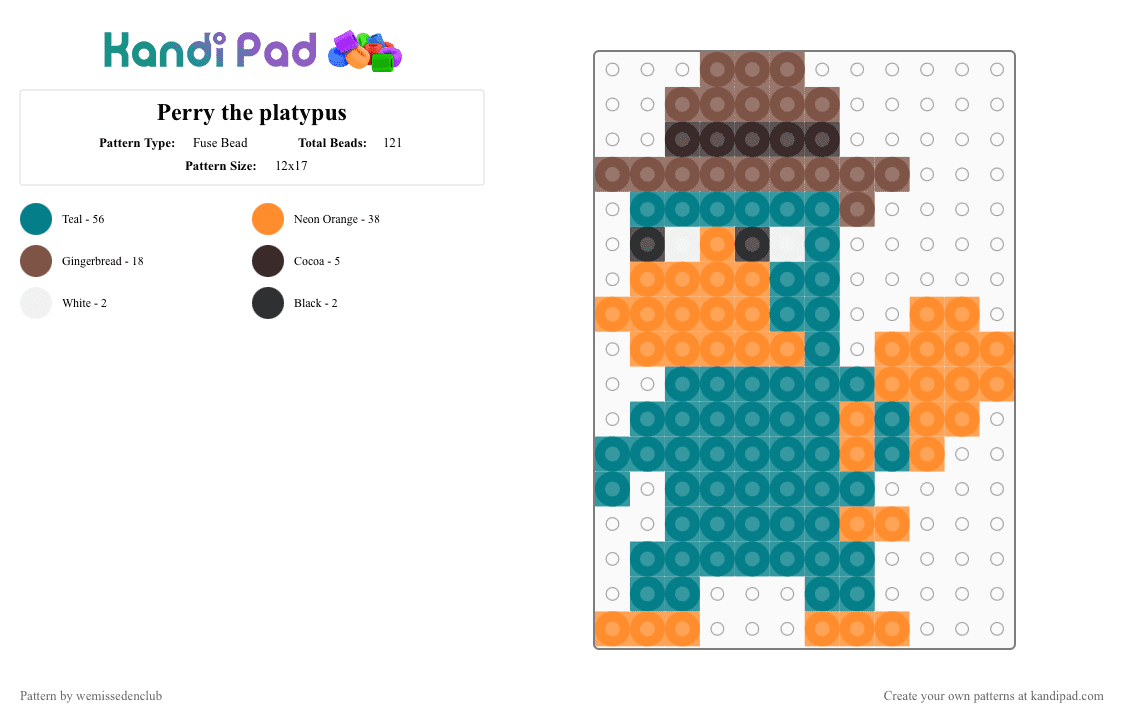 Perry the platypus - Fuse Bead Pattern by wemissedenclub on Kandi Pad - teal,orange