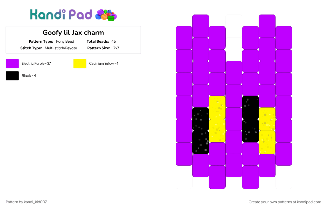Goofy lil Jax charm - Pony Bead Pattern by kandi_kid007 on Kandi Pad - charm, cute, jax, peyote, purple, tadc