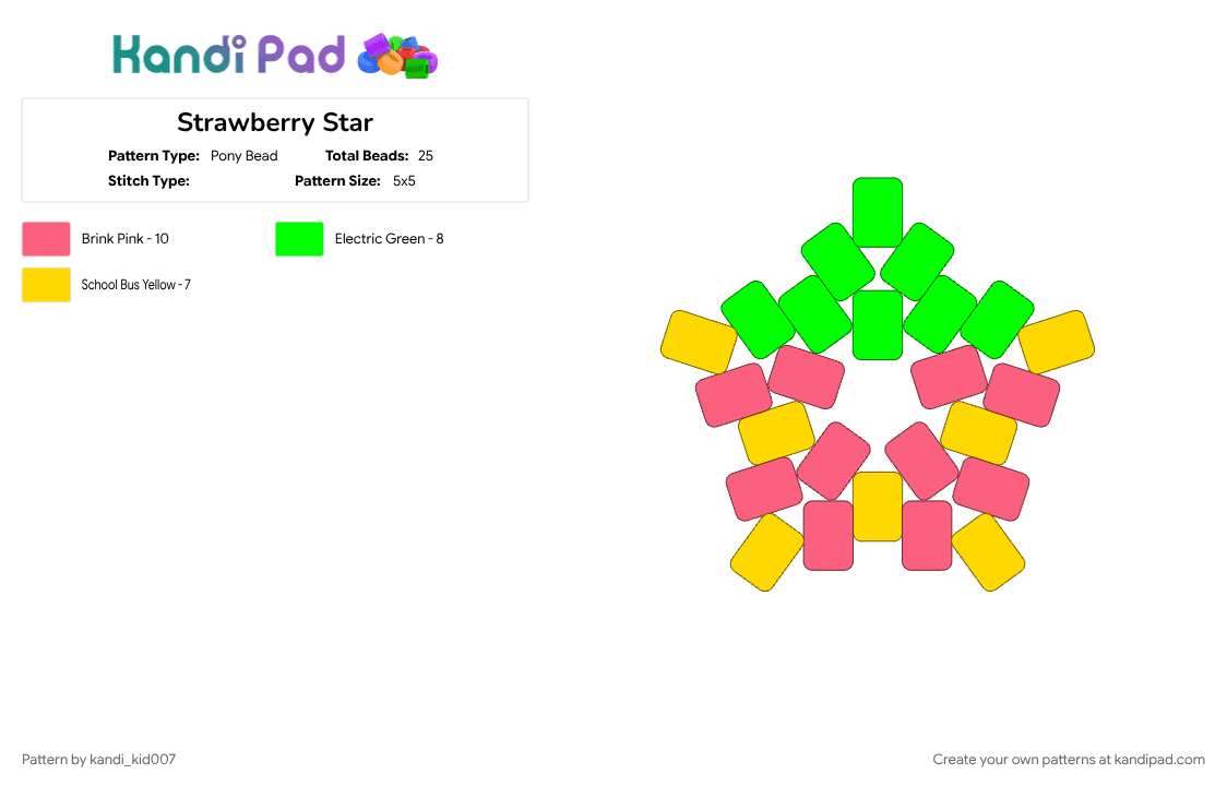 Strawberry Star - Pony Bead Pattern by kandi_kid007 on Kandi Pad - easy, green, pink, red, star, strawberry, yellow