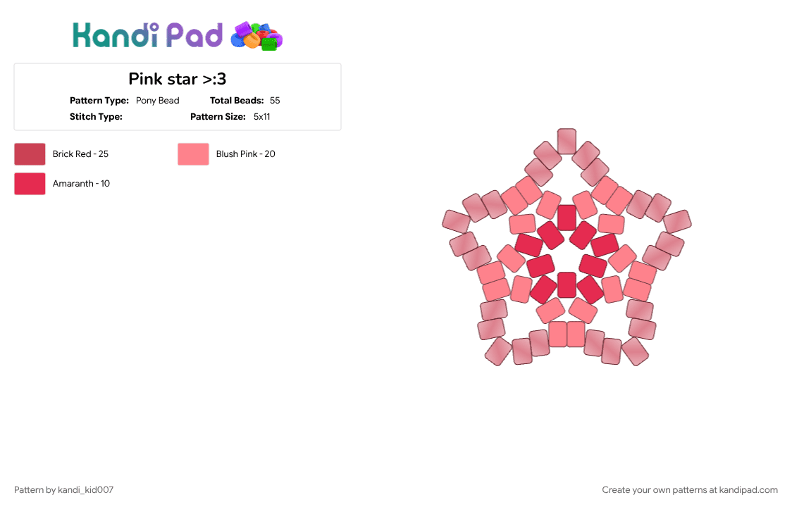 Pink star >:3 - Pony Bead Pattern by kandi_kid007 on Kandi Pad - big, easy, kandi, pink, red, star