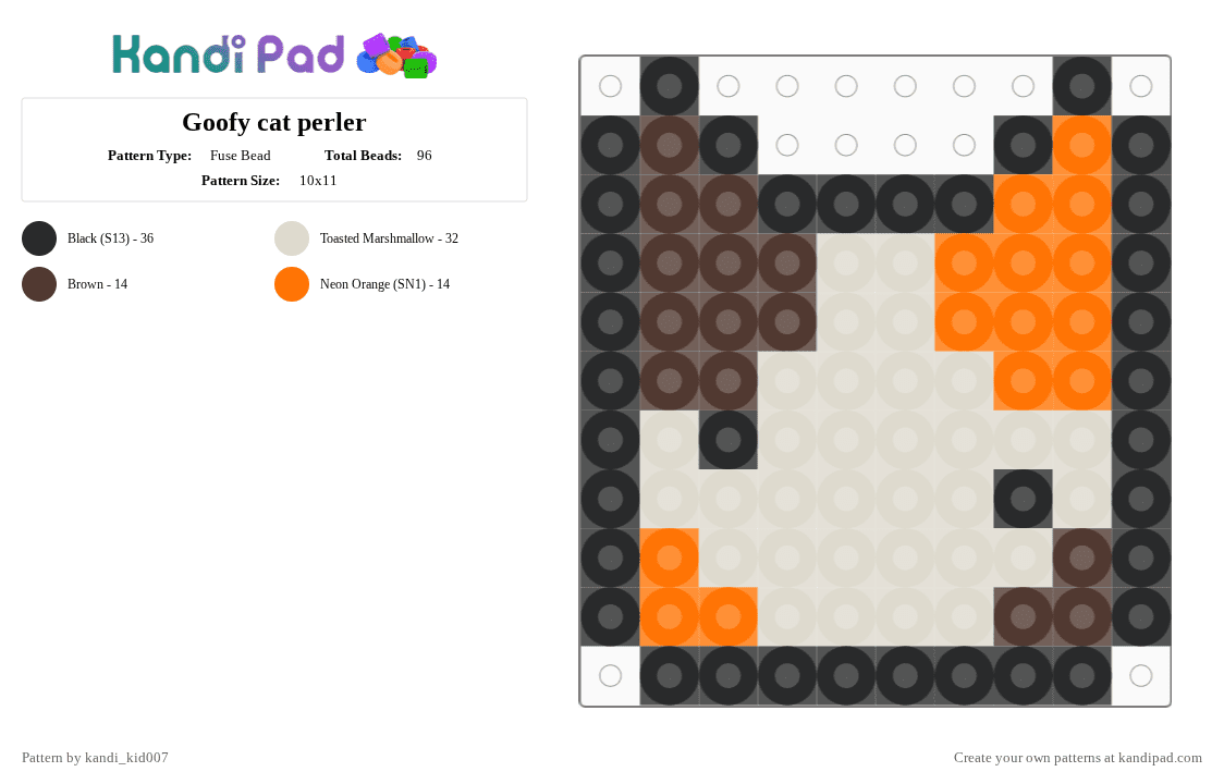 Goofy cat perler - Fuse Bead Pattern by kandi_kid007 on Kandi Pad - beige,cat,silly,calicocat,easy,small,cute