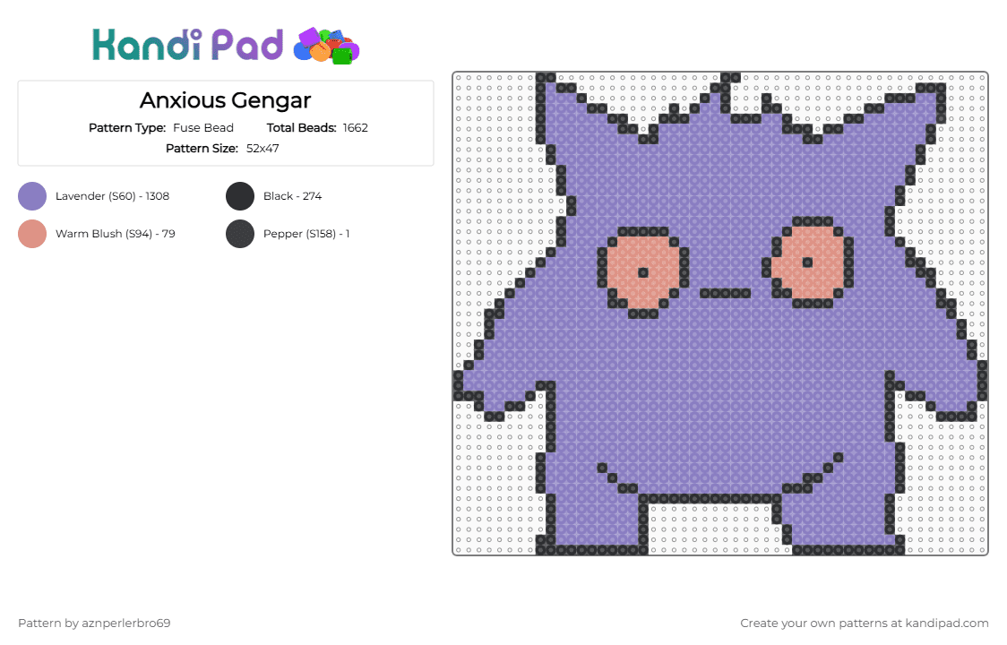 Anxious Gengar - Fuse Bead Pattern by aznperlerbro69 on Kandi Pad - pink,pokemon,gengar,anxious,pokopia