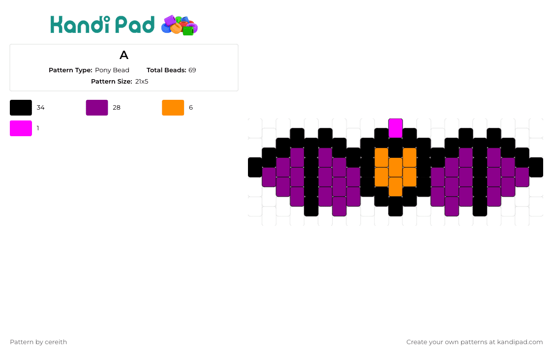 A - Pony Bead Pattern by cereith on Kandi Pad - bat,winged,spooky,halloween,gothic,fun,charming,black,purple,orange