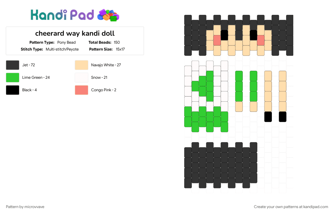 cheerard way kandi doll - Pony Bead Pattern by microvvave on Kandi Pad - beige, black, cheerleader, cool, doll, gerard way, green, mcr, my chemical romance