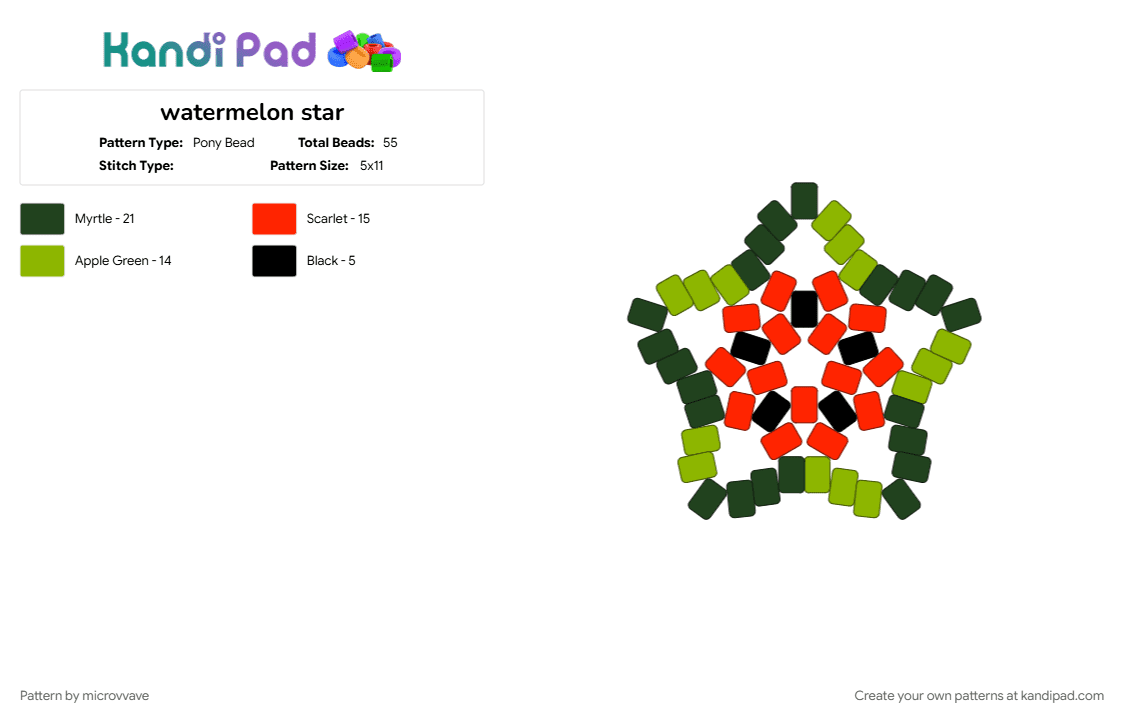 watermelon star - Pony Bead Pattern by microvvave on Kandi Pad - black, fruit, green, red, star, sweet, watermelon, yummy