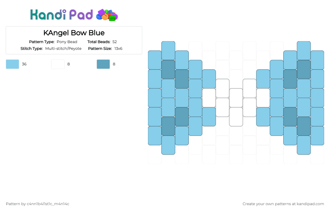 KAngel Bow Blue - Pony Bead Pattern by c4nn1b4l1st1c_m4n14c on Kandi Pad - light blue,kangel,nso,needy streamer overload,bow,charm,blue,kawaii,angel