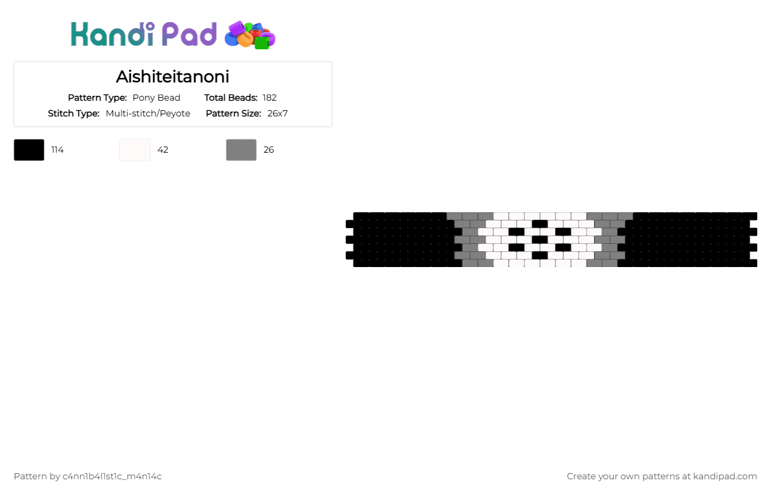 Aishiteitanoni - Pony Bead Pattern by c4nn1b4l1st1c_m4n14c on Kandi Pad - aishiteitanoni, black, cuff, gray, grey, gunshot, maretu, vocaloid, white