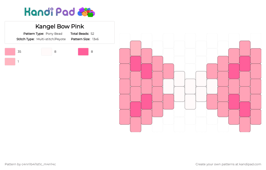 Kangel Bow Pink - Pony Bead Pattern by c4nn1b4l1st1c_m4n14c on Kandi Pad - pink,kangel,nso,needy streamer overload,bow,charm,heart,kawaii