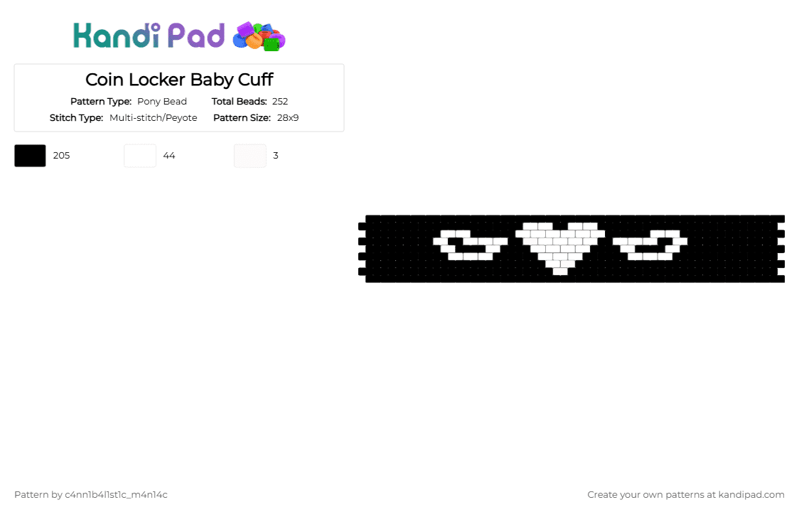 Coin Locker Baby Cuff - Pony Bead Pattern by c4nn1b4l1st1c_m4n14c on Kandi Pad - angel, black, coin locker baby, cuff, heart with wings, maretu, vocaloid, white