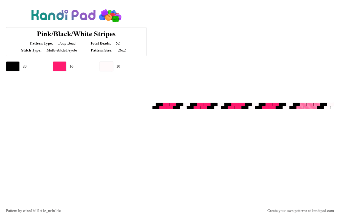 Pink/Black/White Stripes - Pony Bead Pattern by c4nn1b4l1st1c_m4n14c on Kandi Pad - red,white,pink,black,peyote,2 wide,thin,bracelet,cuff