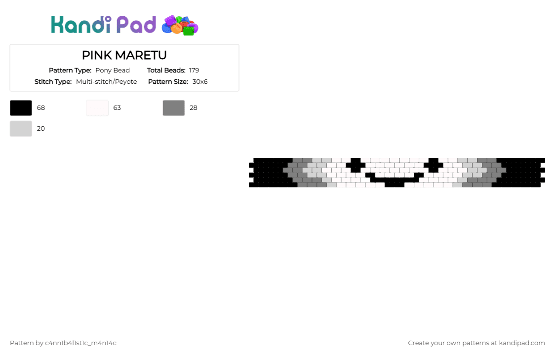 PINK MARETU - Pony Bead Pattern by c4nn1b4l1st1c_m4n14c on Kandi Pad - white,maretu,pink,black,grey,vocaloid,cuff,peyote
