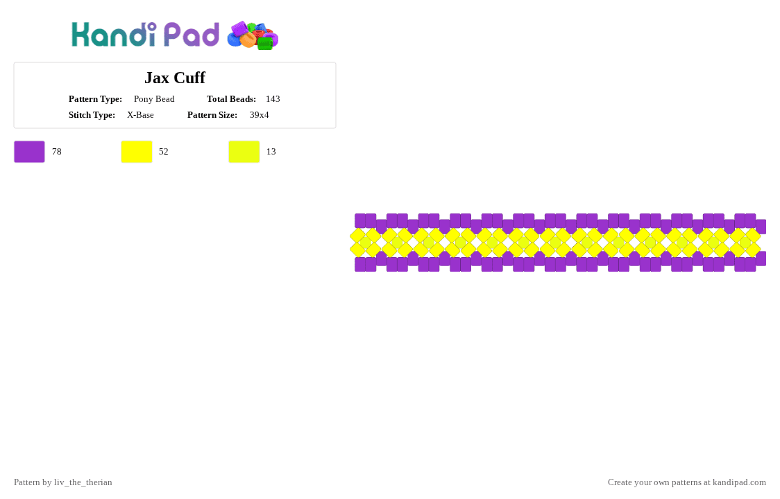 Jax Cuff - Pony Bead Pattern by liv_the_therian on Kandi Pad - yellow,purple,tadc,jax,the amazing digital circus,funnybunny
