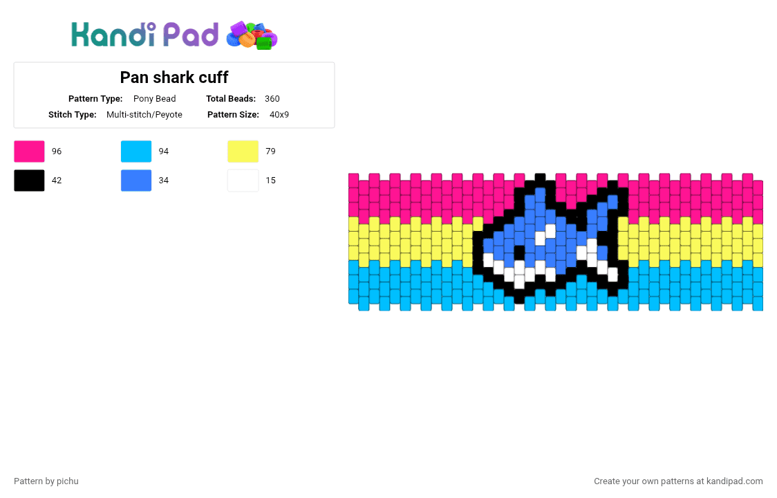 Pan shark cuff - Pony Bead Pattern by pichu on Kandi Pad - light blue,yellow,pink