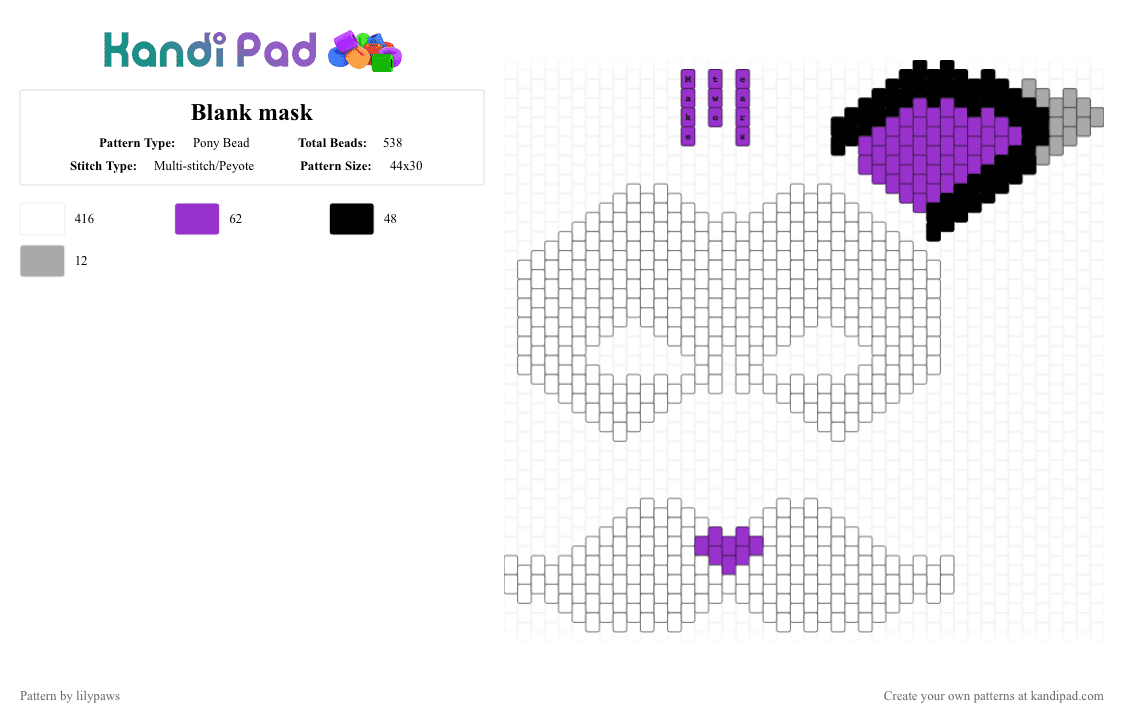 Blank mask - Pony Bead Pattern by lilypaws on Kandi Pad - white,purple