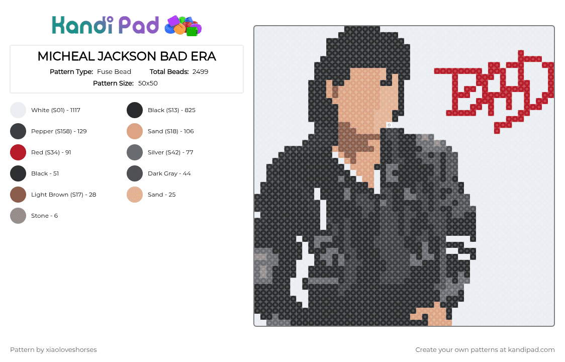 MICHEAL JACKSON BAD ERA - Fuse Bead Pattern by xiaoloveshorses on Kandi Pad - white,red,beige,gray