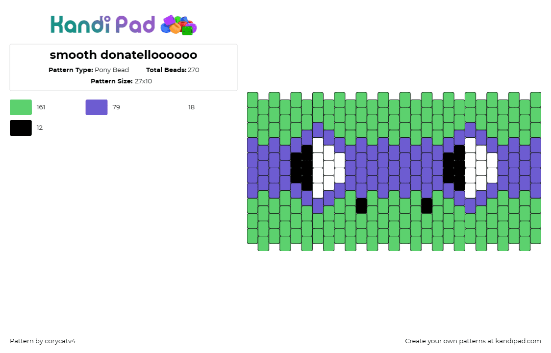 smooth donatelloooooo - Pony Bead Pattern by corycatv4 on Kandi Pad - donatello,tmnt,teenage mutant ninja turtles,character,karate,cartoon,cuff,tv show,eyes,green,purple