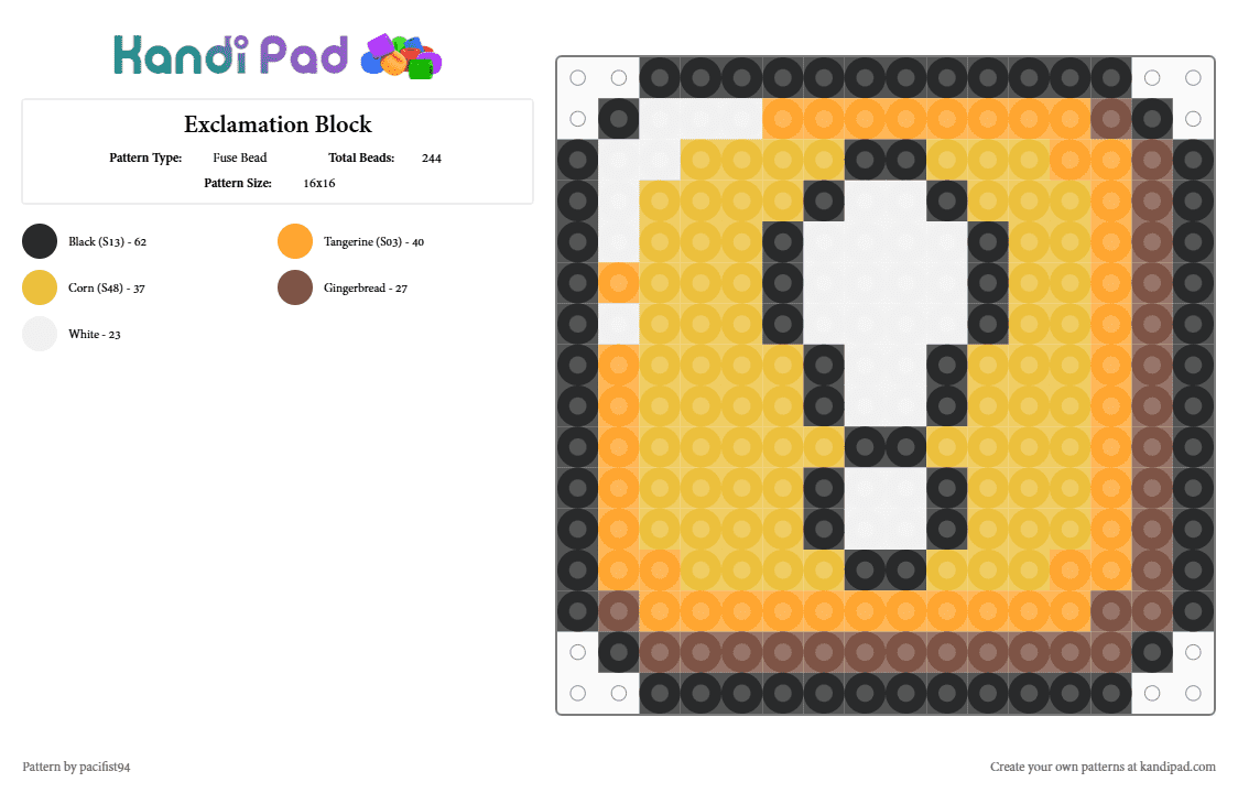 Exclamation Block - Fuse Bead Pattern by pacifist94 on Kandi Pad - yellow,mario,bros,videogames,block,exclamation