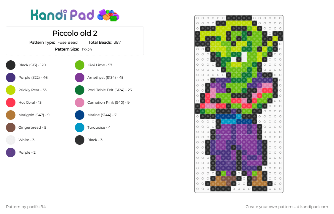 Piccolo old 2 - Fuse Bead Pattern by pacifist94 on Kandi Pad - green,purple,pink