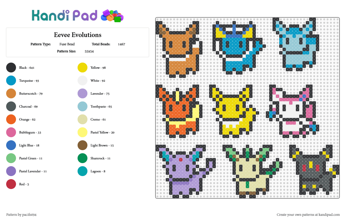 Eevee Evolutions - Fuse Bead Pattern by pacifist94 on Kandi Pad - black,light blue,orange,yellow,pink,colorful,eevee,pokemon,anime