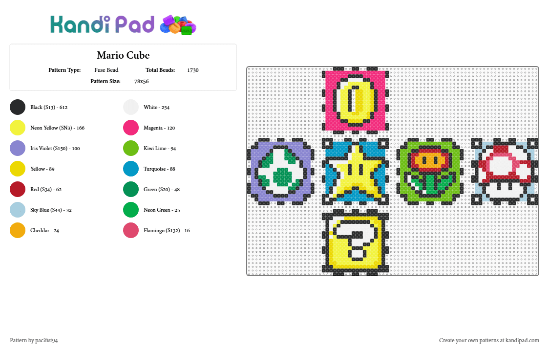 Mario Cube - Fuse Bead Pattern by pacifist94 on Kandi Pad - light blue,yellow,pink,green