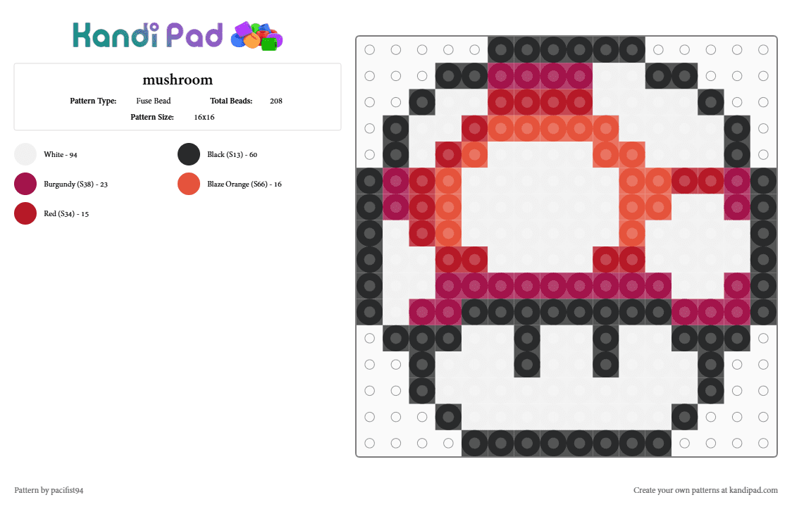mushroom - Fuse Bead Pattern by pacifist94 on Kandi Pad - white,pink,red,mario,mushroom,bros