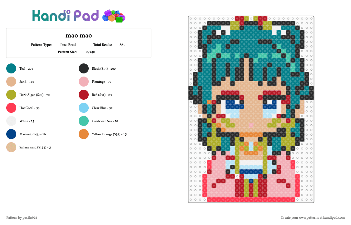 mao mao - Fuse Bead Pattern by pacifist94 on Kandi Pad - red,beige,teal,maomao,anime,apothecary diaries