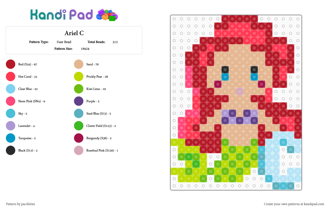 Ariel C - Fuse Bead Pattern by pacifist94 on Kandi Pad - green,beige,red,ariel,disney