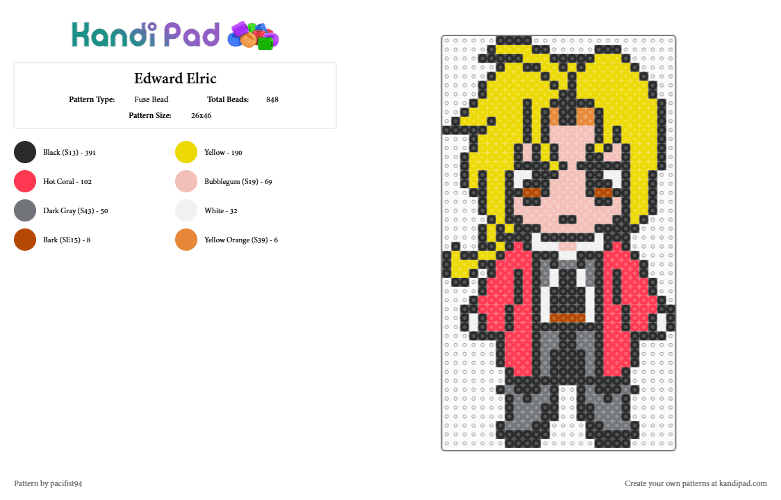 Edward Elric - Fuse Bead Pattern by pacifist94 on Kandi Pad - black,red,yellow,edward,elric,fma,full metal alchemist,anime