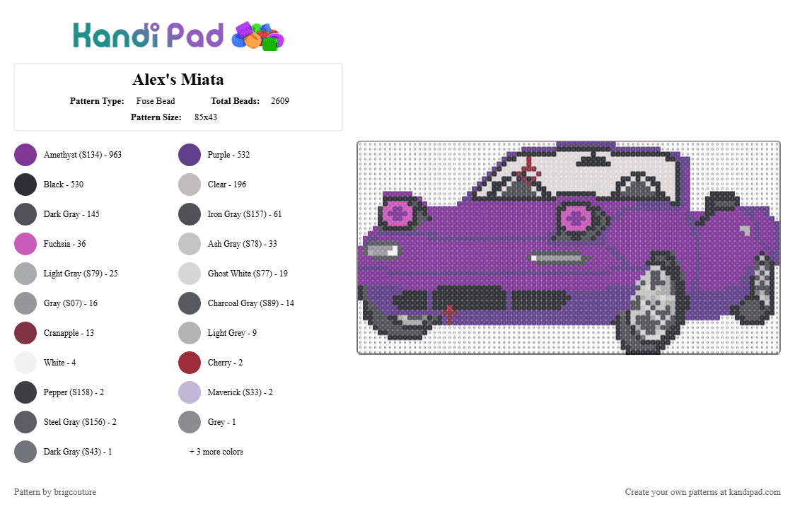 Alex\'s Miata - Fuse Bead Pattern by brigcouture on Kandi Pad - purple,pink