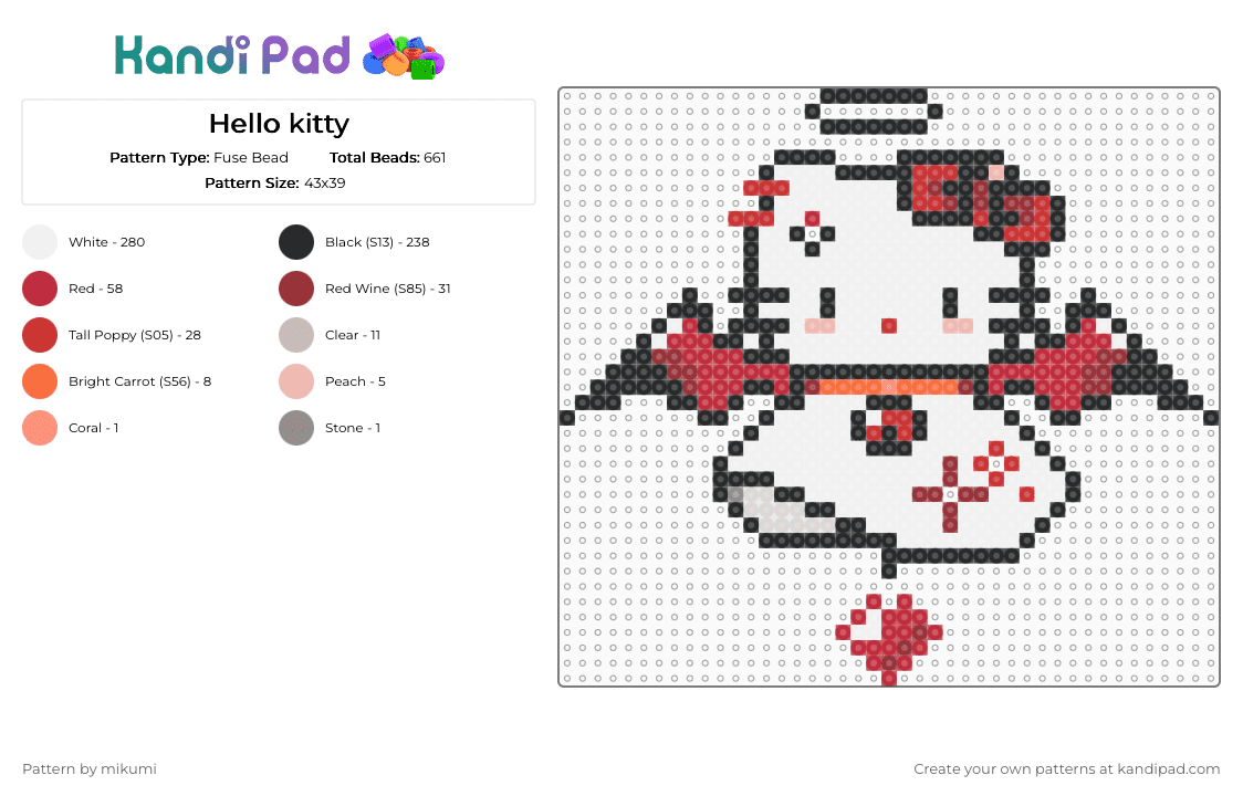 Hello kitty - Fuse Bead Pattern by mikumi on Kandi Pad - white,red