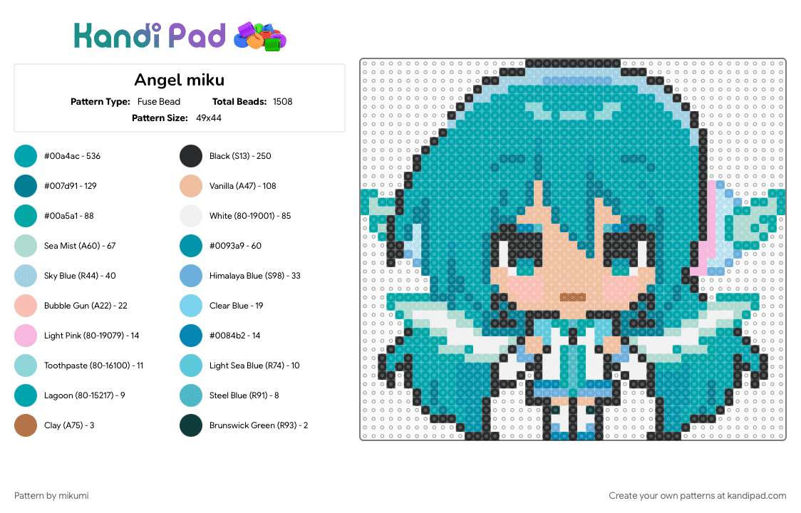 Angel miku - Fuse Bead Pattern by mikumi on Kandi Pad - teal