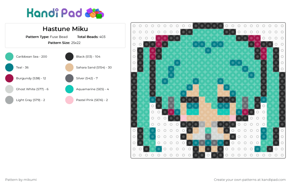 Hastune Miku - Fuse Bead Pattern by mikumi on Kandi Pad - teal