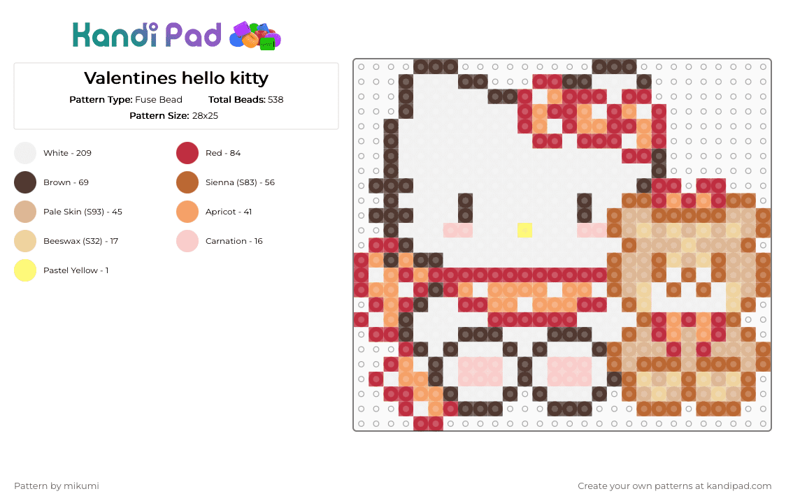 Valentines hello kitty - Fuse Bead Pattern by mikumi on Kandi Pad - beige, brown, red, tan