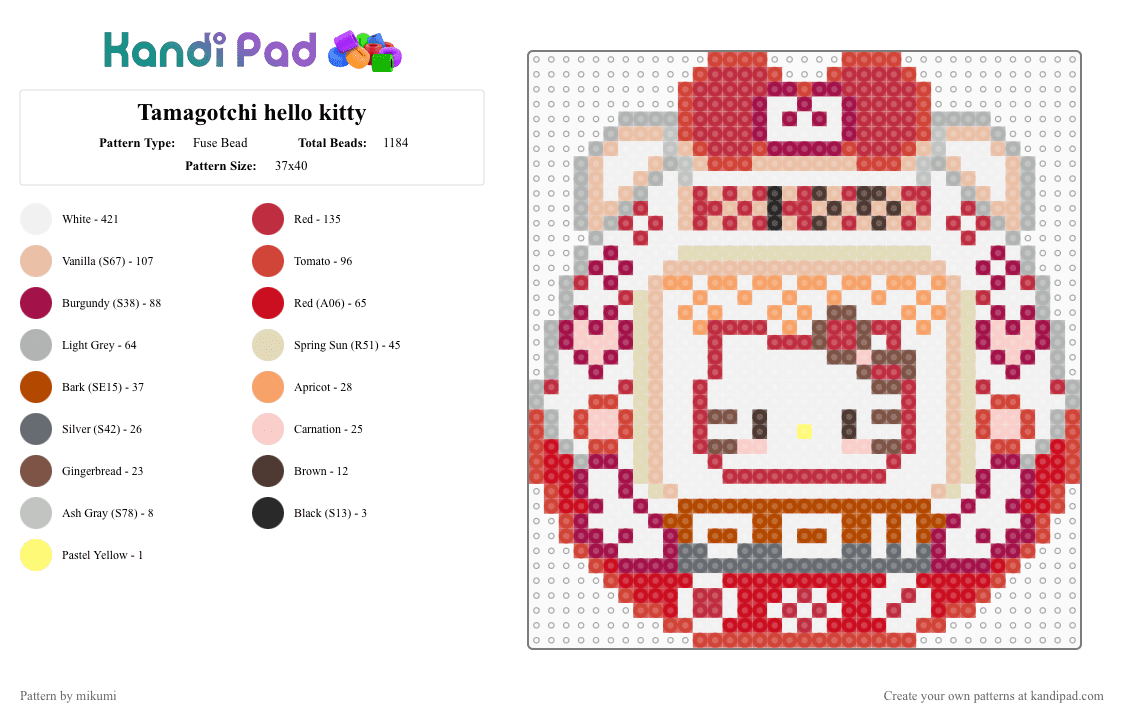 Tamagotchi hello kitty - Fuse Bead Pattern by mikumi on Kandi Pad - red,pink,beige