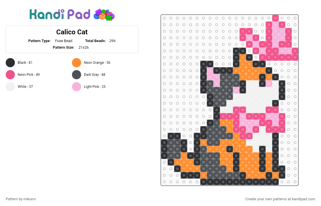 Calico Cat - Fuse Bead Pattern by mikumi on Kandi Pad - pink