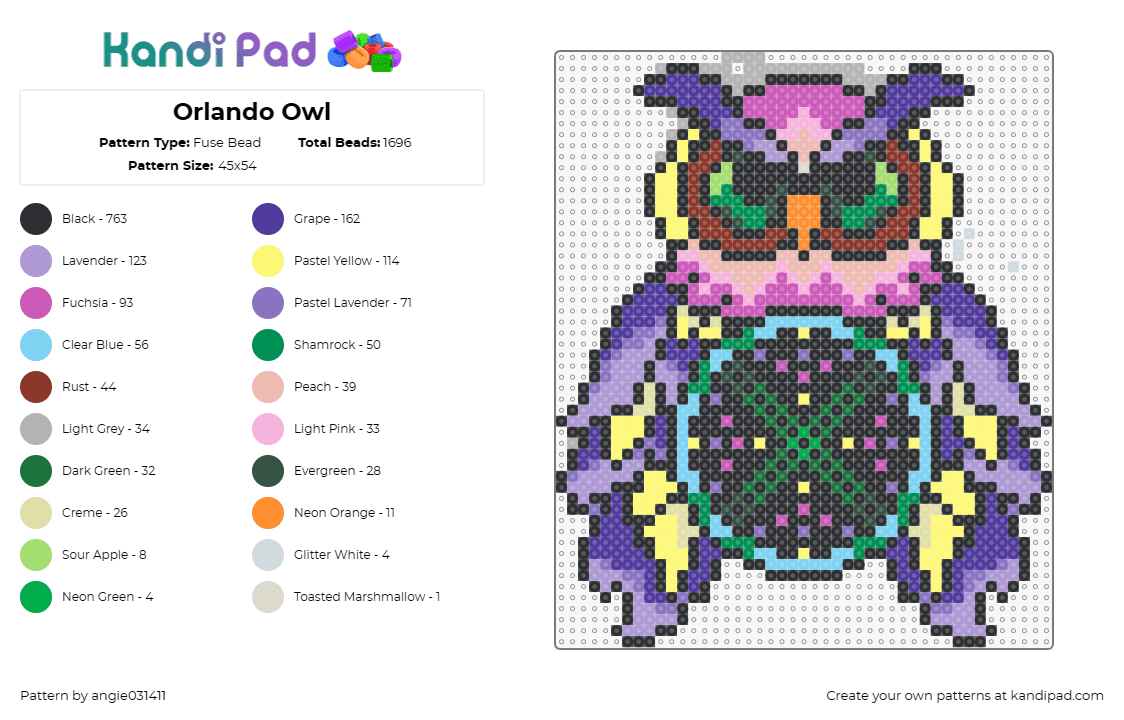 Orlando Owl - Fuse Bead Pattern by angie031411 on Kandi Pad - owl,edc,festival,edm,music,orlando,animal,colorful,pink,purple
