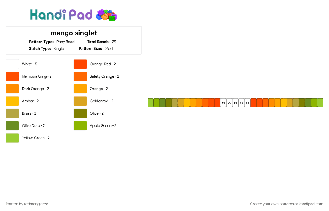 mango singlet - Pony Bead Pattern by redmangiared on Kandi Pad - cotdtropicalfruit, green, orange