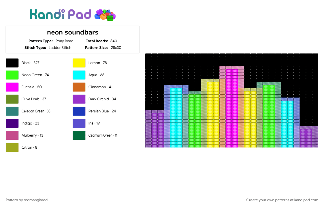 neon soundbars - Pony Bead Pattern by redmangiared on Kandi Pad - cotdstreamingmusic, green, light blue, purple, yellow