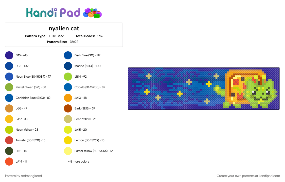 nyalien cat - Fuse Bead Pattern by redmangiared on Kandi Pad - blue, green, purple