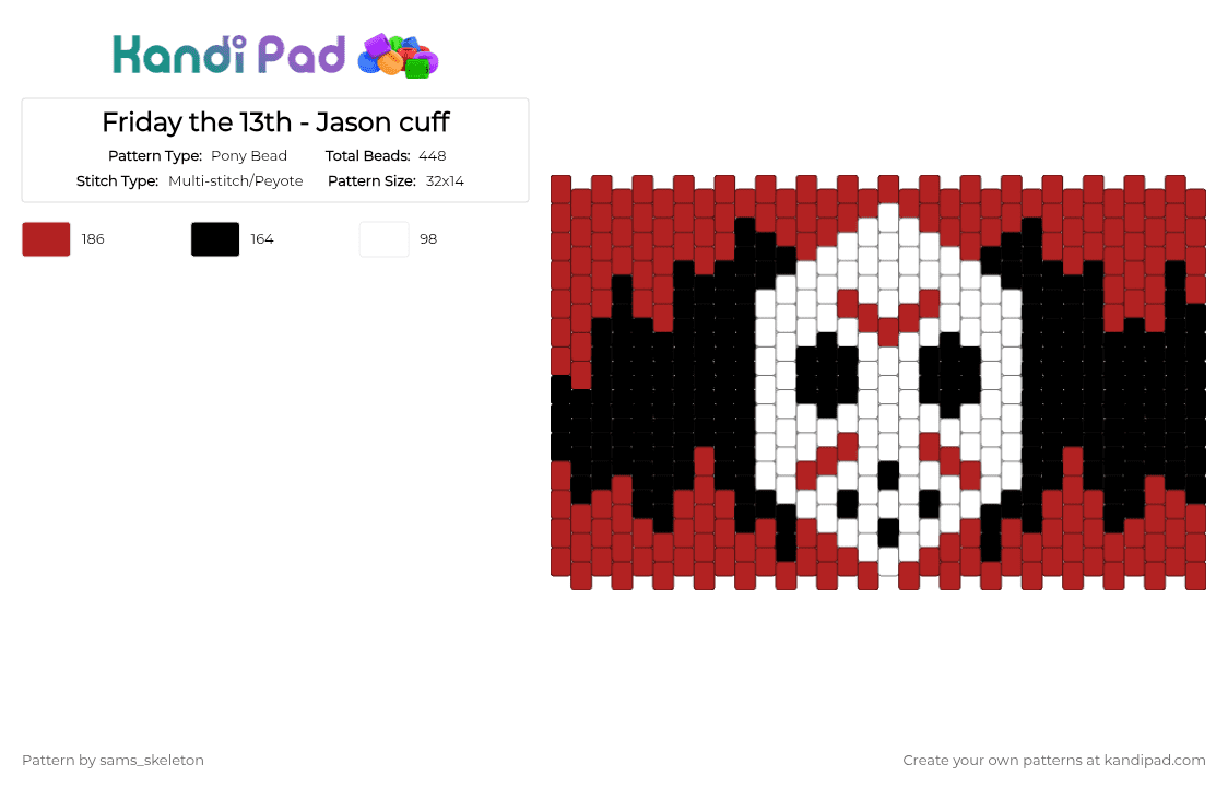 Friday the 13th - Jason cuff - Pony Bead Pattern by sams_skeleton on Kandi Pad - white,red
