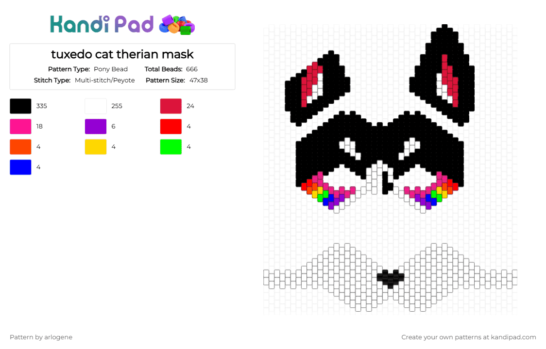 tuxedo cat therian mask - Pony Bead Pattern by arlogene on Kandi Pad - black,white,red,pink,therian,mask,cat,recolor