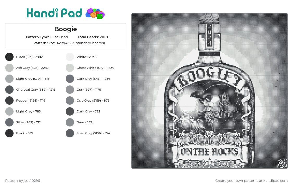 Boogie - Fuse Bead Pattern by jose10296 on Kandi Pad - boogie t,whiskey,dj,guitar,music,alcohol,intricate,depiction,toast,musical,spirit,artistry,grayscale,black,white