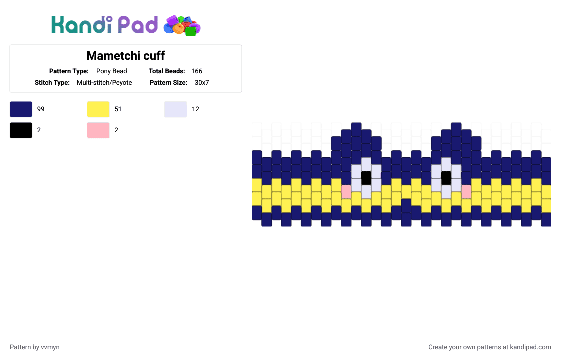 Mametchi cuff - Pony Bead Pattern by vvmyn on Kandi Pad - purple,yellow