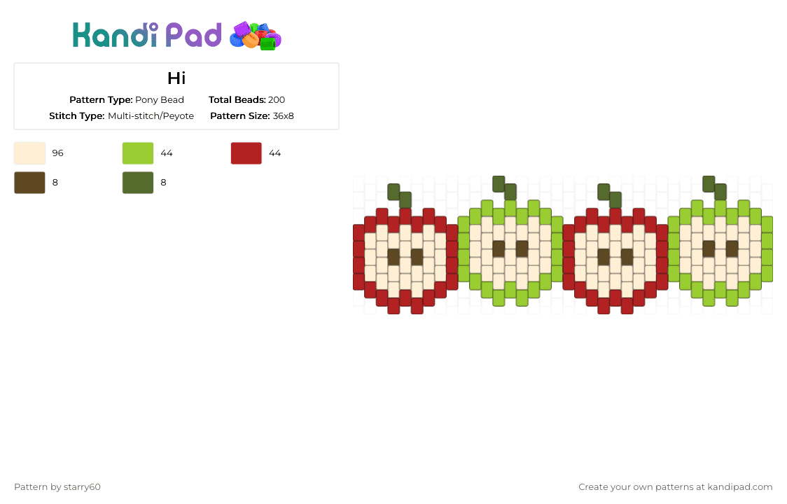 Hi - Pony Bead Pattern by starry60 on Kandi Pad - apples,fruit,food,green,red,beige