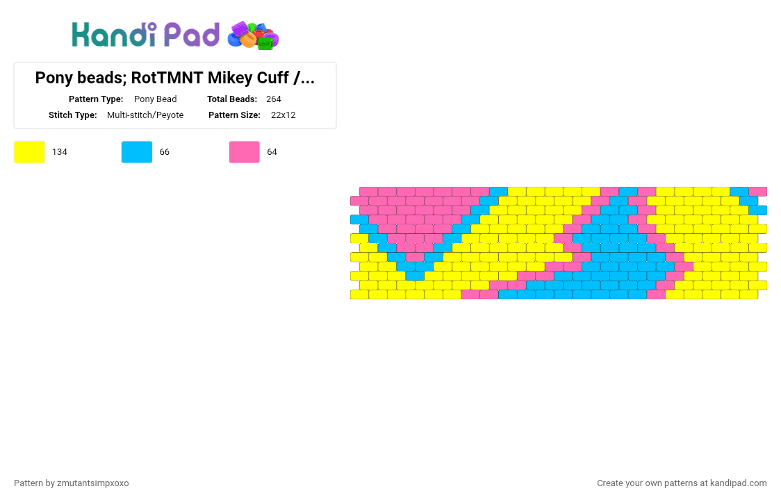 Pony beads; RotTMNT Mikey Cuff / Pansexual Pride Cuff - Pony Bead Pattern by zmutantsimpxoxo on Kandi Pad - yellow
