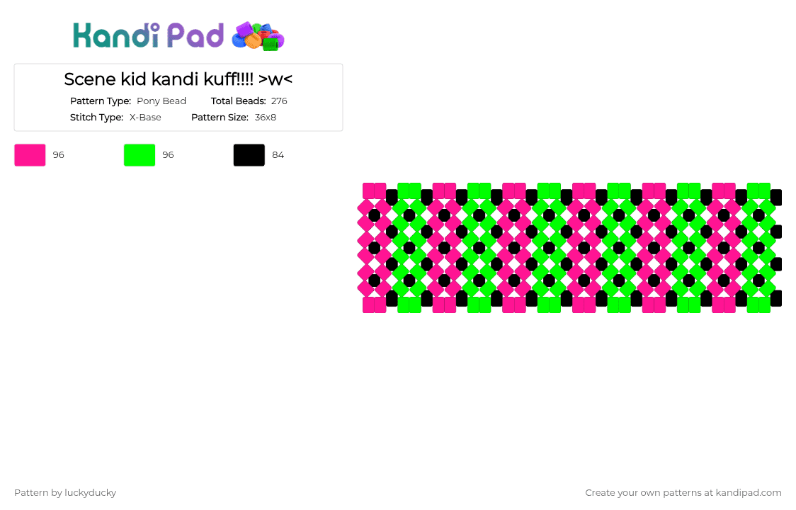 Scene kid kandi kuff!!!! >w - Pony Bead Pattern by m1nt_ch1p on Kandi Pad - green, pink