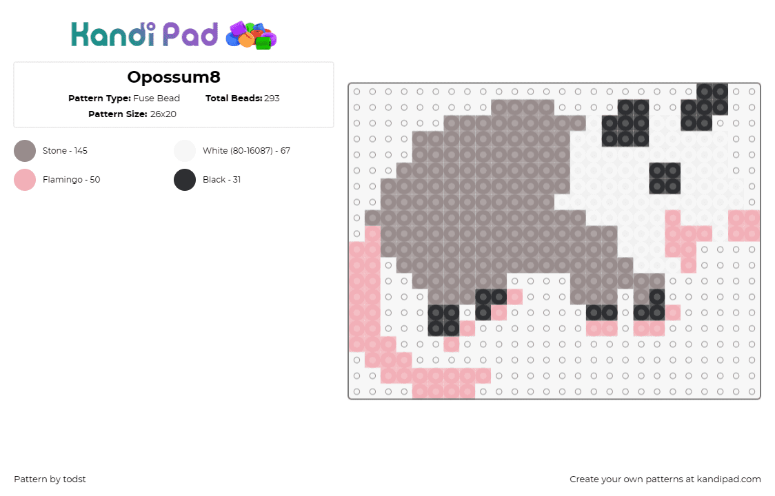 Opossum8 - Fuse Bead Pattern by todst on Kandi Pad - opossum,marsupial,animal,gray,tan,pink