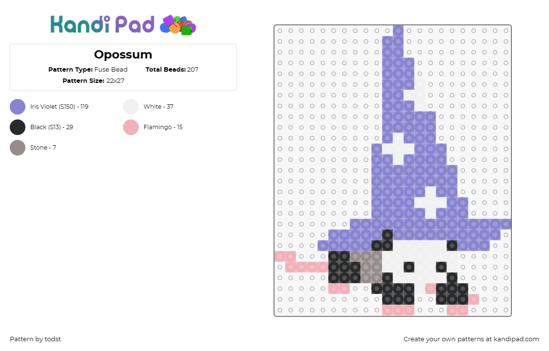 Opossum - Fuse Bead Pattern by todst on Kandi Pad - opossum,wizard,hat,animal,wildlife,magic,cute,funny,rodent,purple